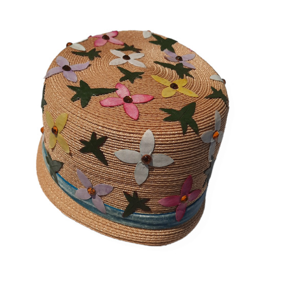 Vtg Chanda Engel-Fetzer| Straw Hat With Flower Appliques - Picture 2 of 6